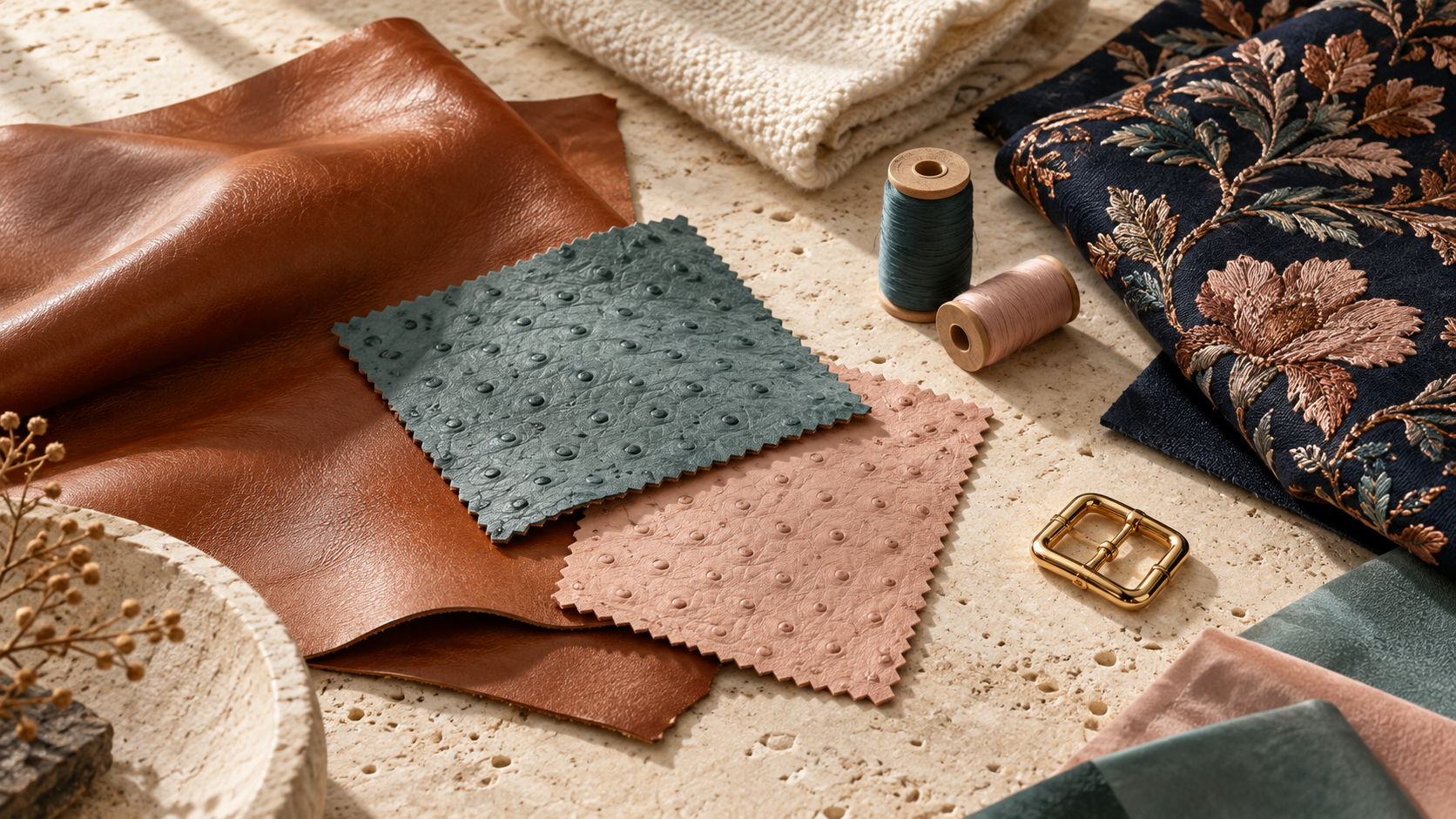 Leather, embroidered textile, thread and hardware arranged on an atelier table