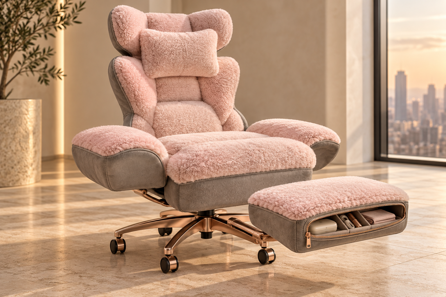 Blush sheepskin and grey suede office chair with rose-gold finish and compartmented footrest