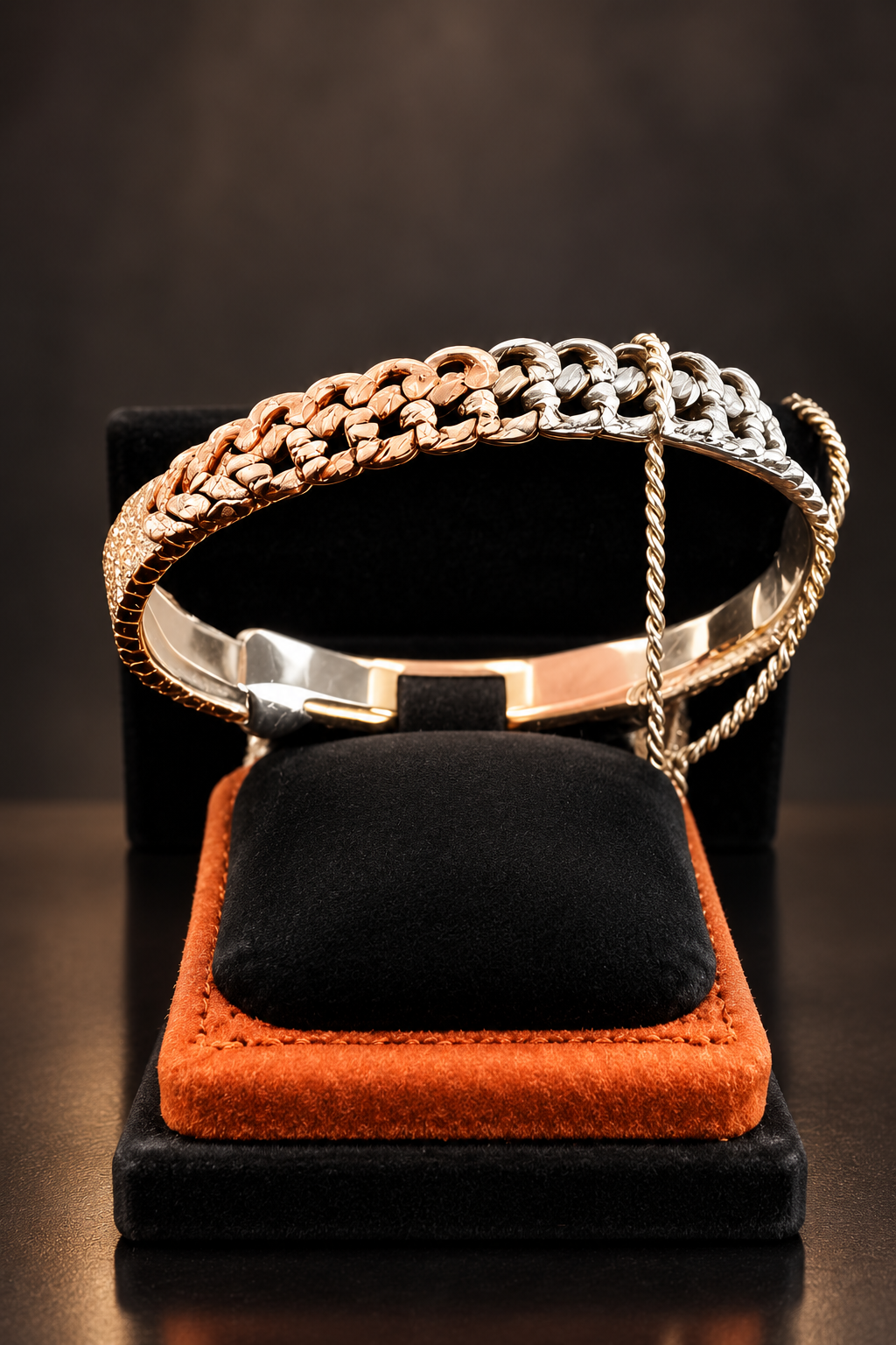 Mixed-metal bracelet on a dark display cushion with burnt-orange edging