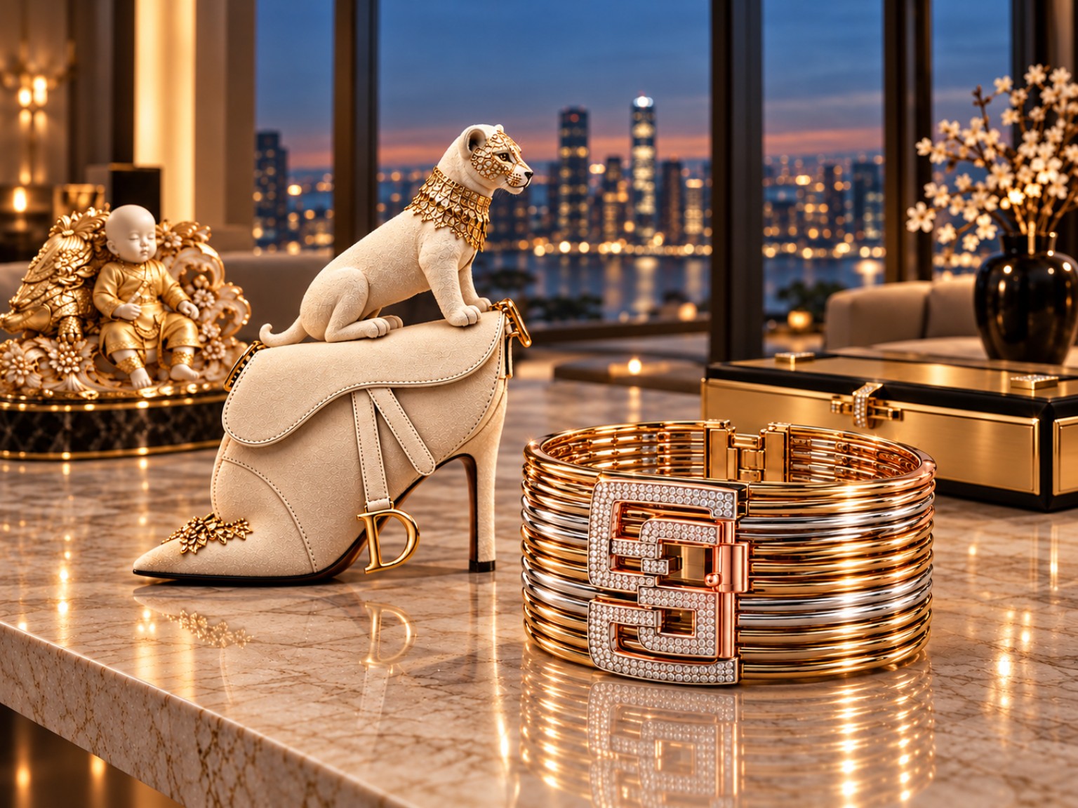 A mixed-metal diamond-set cuff beside a sculptural cream leather shoe and bag, a jeweled feline figure and a gold case against an evening city skyline