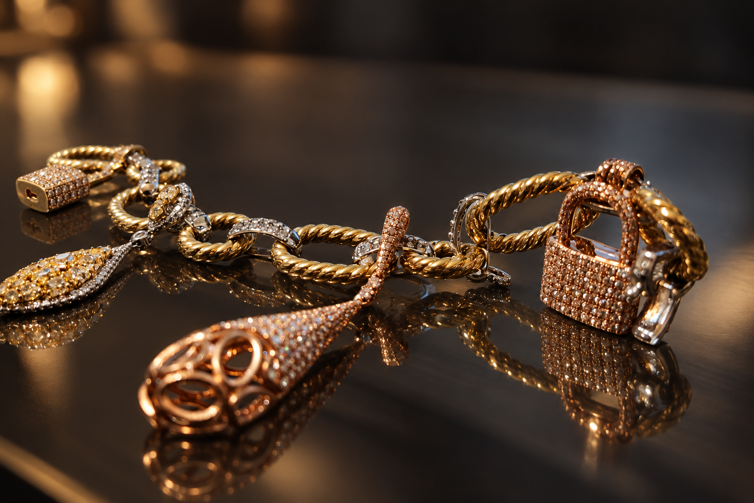 Textured gold-tone links and pavé padlock charms on a reflective surface