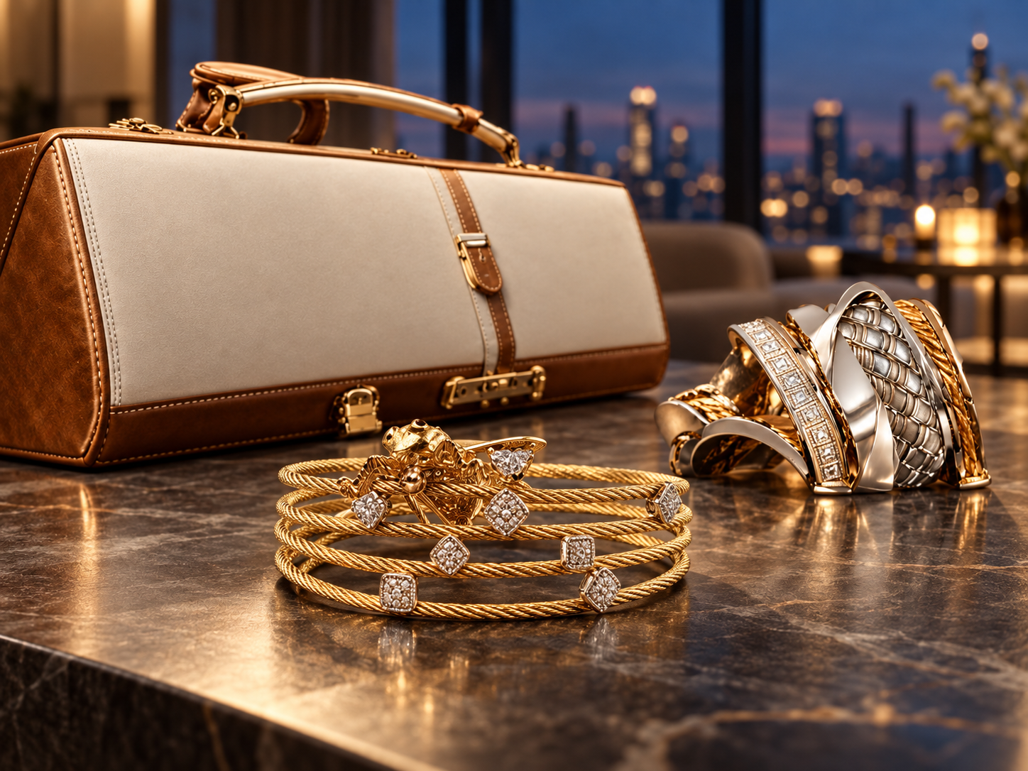 Gold bee bracelet and sculptural jewelry beside a cream travel case