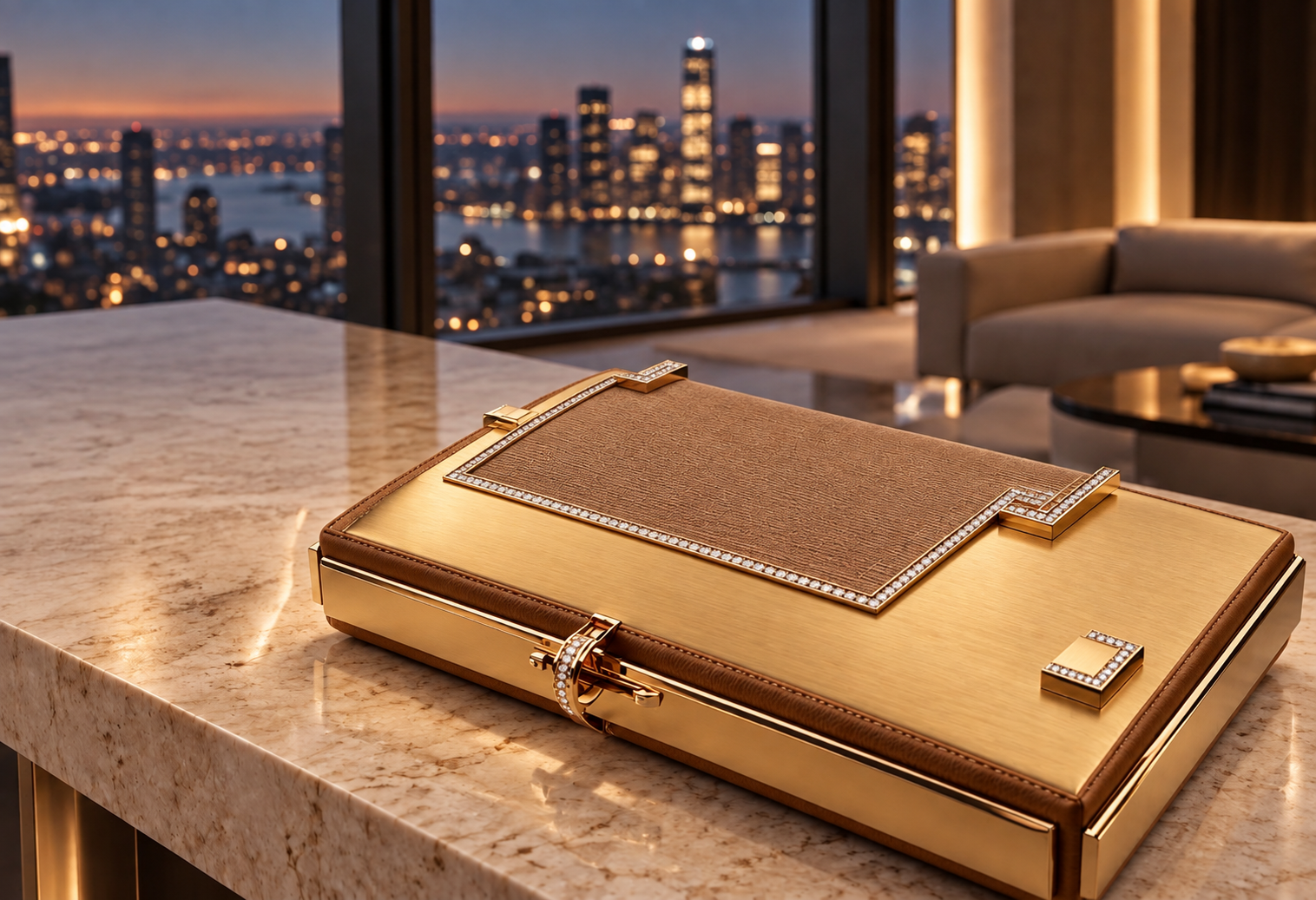 Architectural gold and leather case study in a contemporary interior