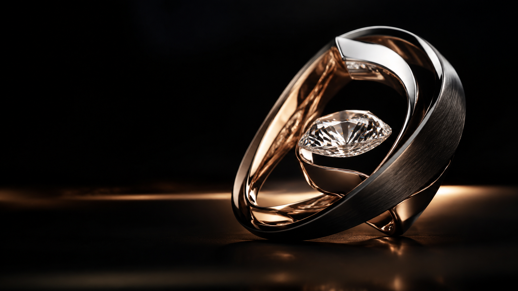 A sculptural precious-metal ring with a floating diamond motif