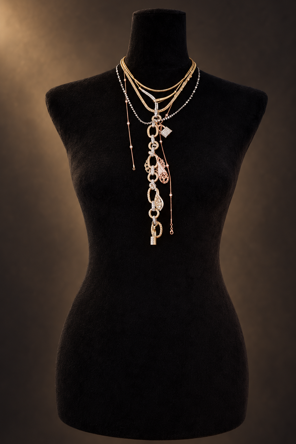 Layered mixed-metal necklaces and sculptural charms on a black velvet mannequin