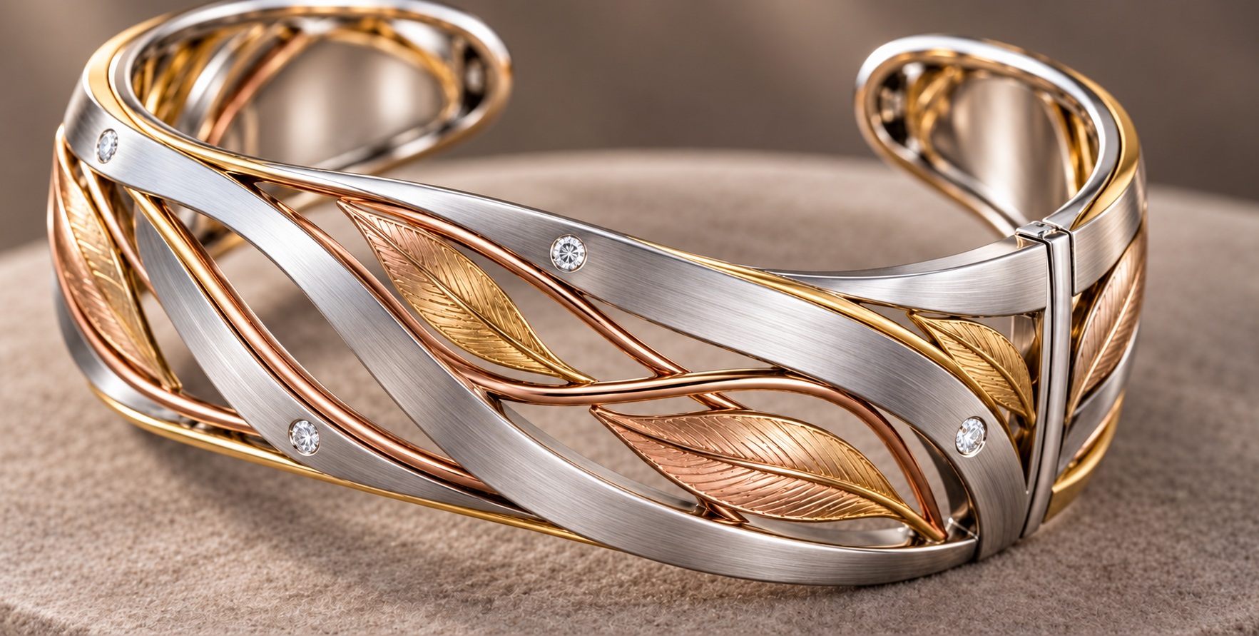 Three-tone open cuff with satin white metal ribbons, engraved rose and yellow gold leaves and small flush-set diamonds