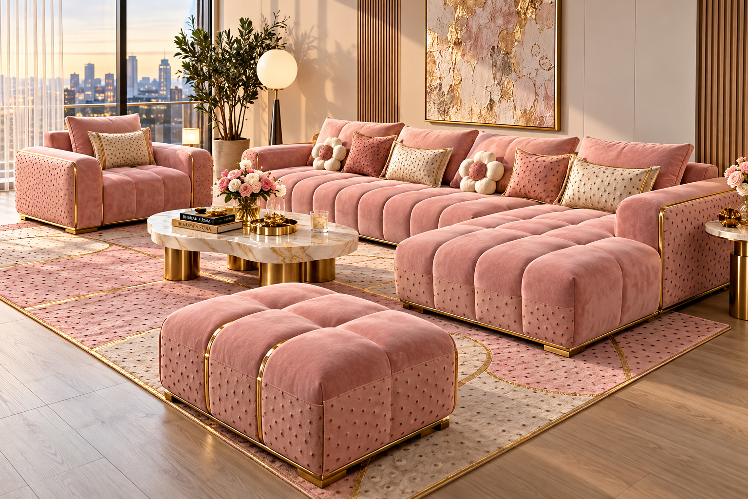 Blush sectional couch, armchair and ottoman with ostrich-textured panels and gold-tone details in a contemporary city apartment
