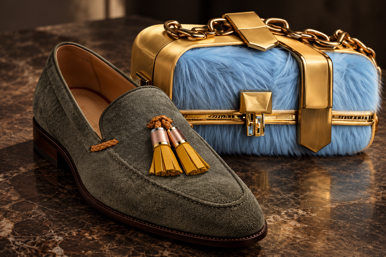 Olive gray suede loafer with yellow leather tassels and three-tone metal caps beside a powder blue textured bag with sculptural gold-tone hardware