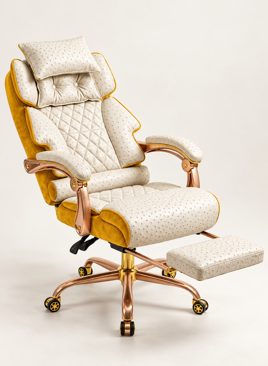 White ostrich and yellow suede reclining office chair with satin rose-gold and polished yellow-gold hardware finishes